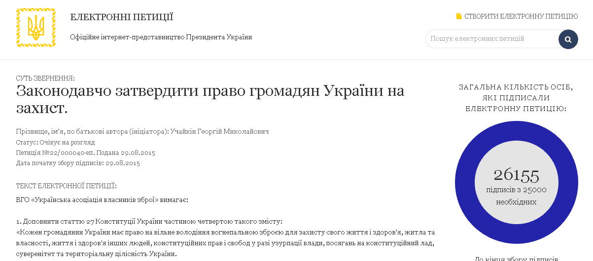 До петиції про вільне володіння зброєю зібрали достатньо підписів для розгляду в АП