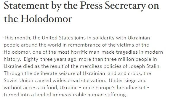 США заявили про солідарність із українцями в пам’ять про жертв Голодомору